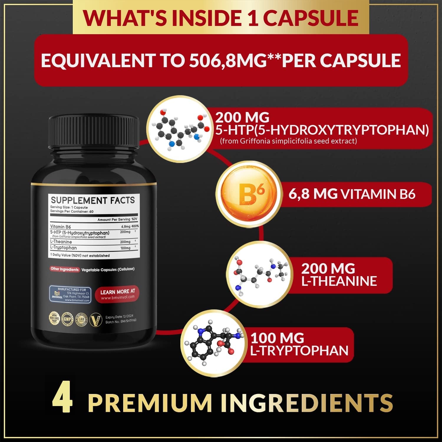 𝟓𝐇𝐓𝐏 Capsules with - 𝐕𝐢𝐭𝐚𝐦𝐢𝐧 𝐁𝟔, 𝐋-𝐓𝐡𝐞𝐚𝐧𝐢𝐧𝐞, 𝐋-𝐓𝐫𝐲𝐩𝐭𝐨𝐩𝐡𝐚𝐧 - 5HTP Extra Strength Supplement - 5 Hydroxytryptophan