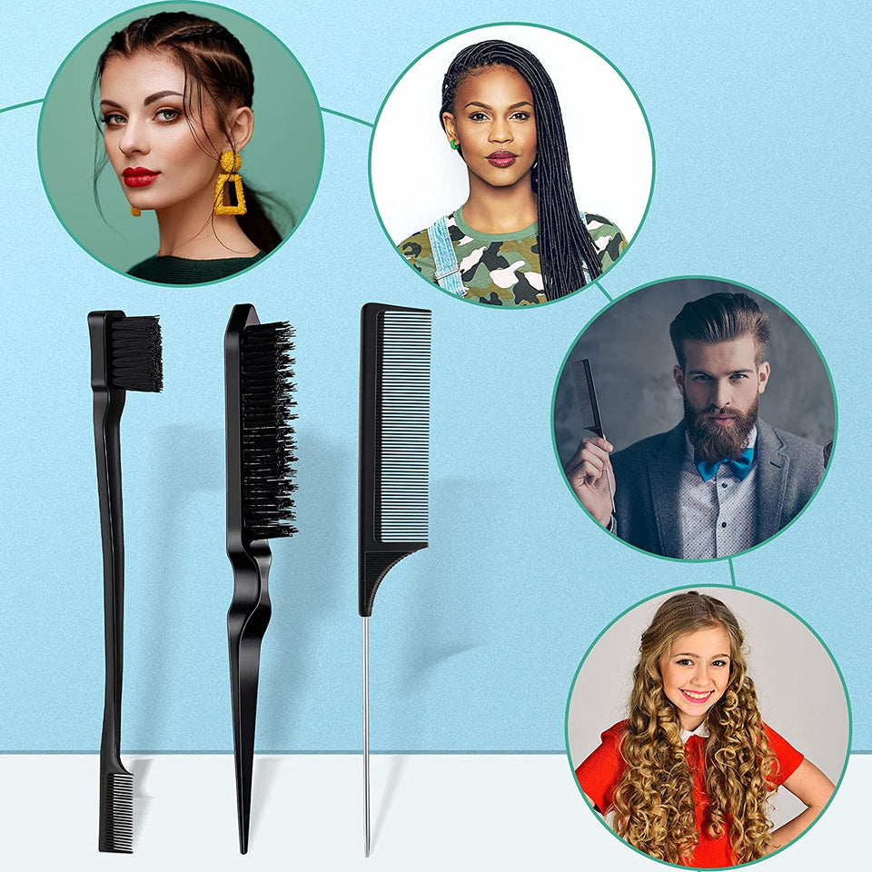 3 Pcs Slick Brush Set Bristle Hair Brush Teasing Comb Edge Hair Brush Grooming Combs Sturdy Rat Tail Comb for Women Babies Kids' Hair (Black)