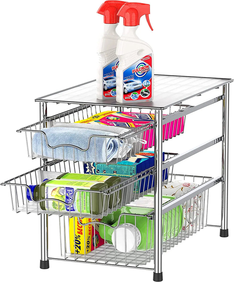 Simplehouseware Stackable 3 Tier Sliding Basket Organizer Drawer, Chrome