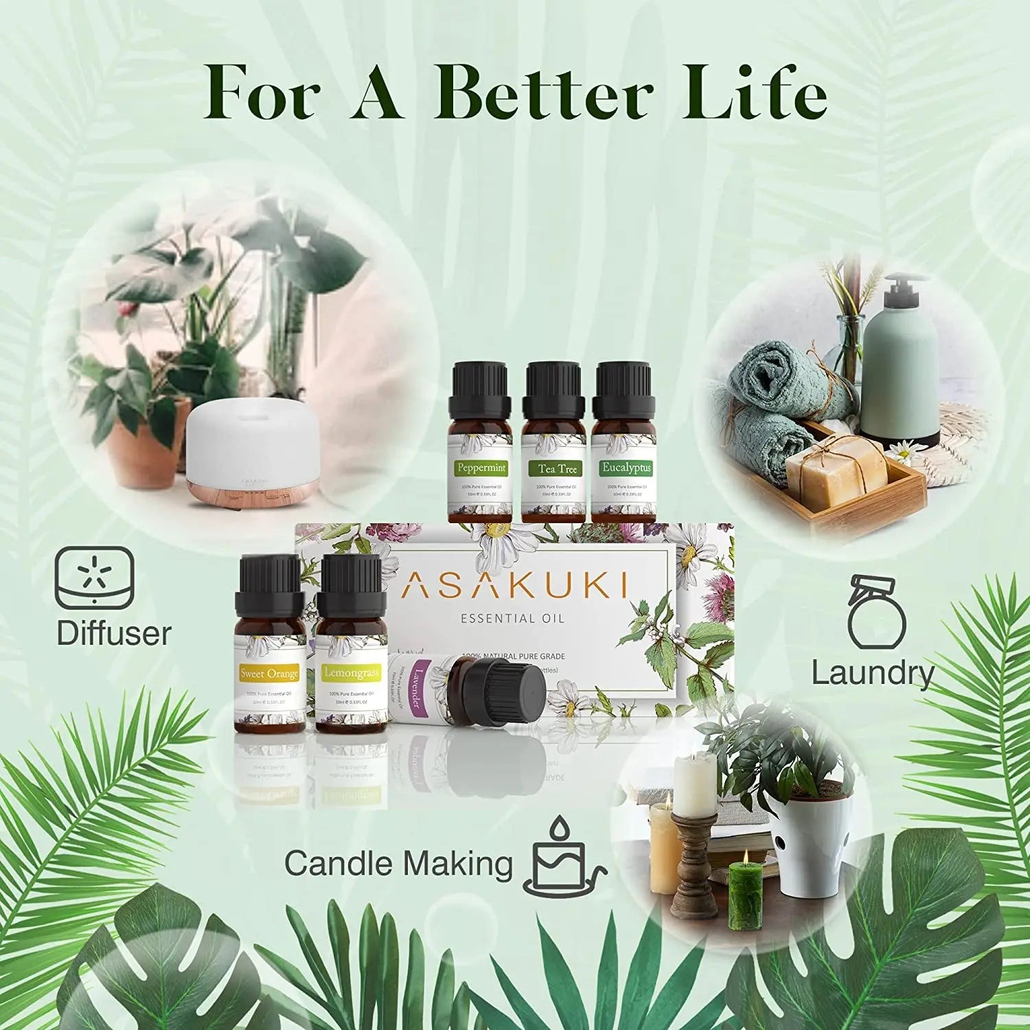 Essential Oils Set 6 X 10Ml, 100% Pure & Natural Aromatherapy Oils - Lavender, Eucalyptus, Lemongrass, Tea Tree, Sweet Orange, Peppermint Diffuser Oil for Massage Hair Care Wellness Gift Set