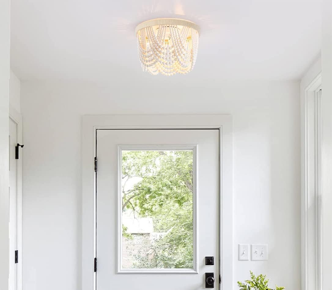 Bohemia Wood Beaded Chandelier Flush Mount Ceiling Light,Farmhouse Antique White with Hemp Rope Mini Pendant Light Fixture for Bedroom,Hallway, Entryway, Passway, Dining Room,3-Light