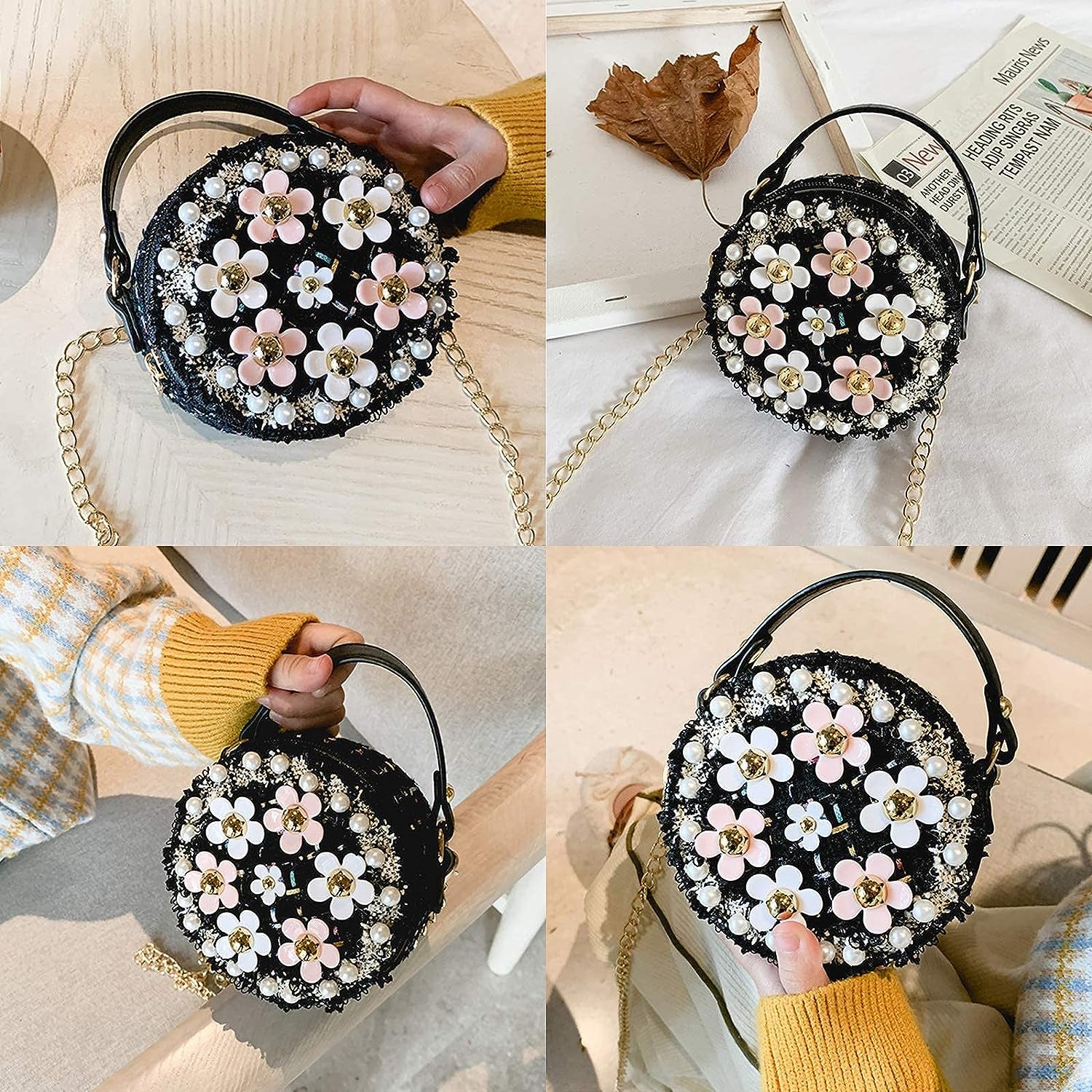 Little Girls Crossbody Purse with Pearl Flowers Mini Cute Princess Handbags Shoulder Bag for Girls Toddler Kids