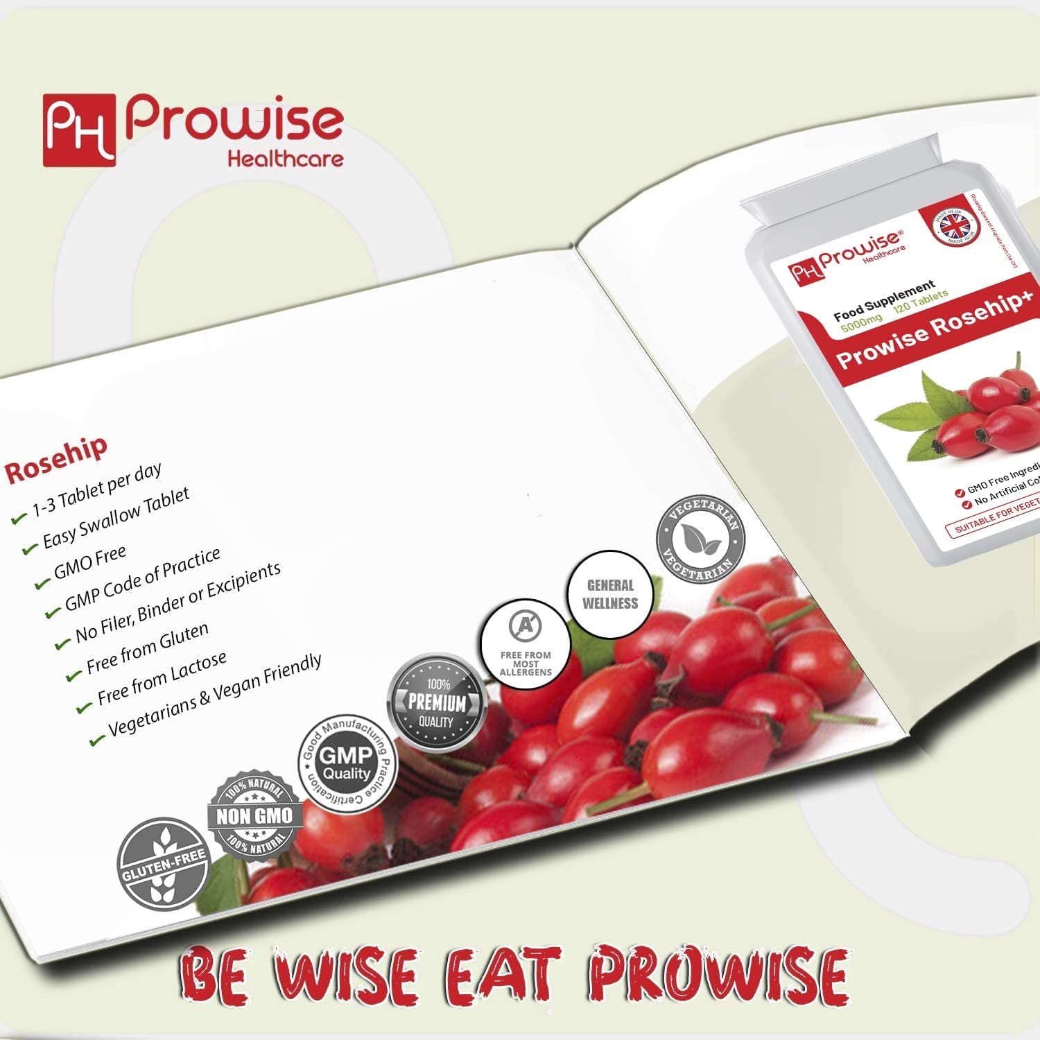 Rosehip Health+ 5000Mg 120 Vegetarian & Vegan Tablets | High Strength Rosehip Tablets Supplements - UK Manufactured | GMP Standards by Prowise Healthcare
