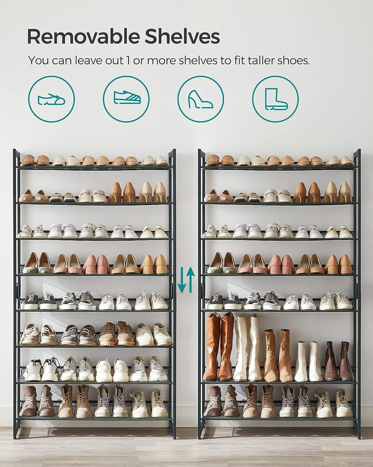 Shoe Rack, 8-Tier Shoe Organizer, Metal Shoe Storage for Garage, Entryway, Set of 2 4-Tier Stackable Shoe Shelf, with Adjustable Flat or Angled Shelves, Holds 32-40 Pairs, Grey