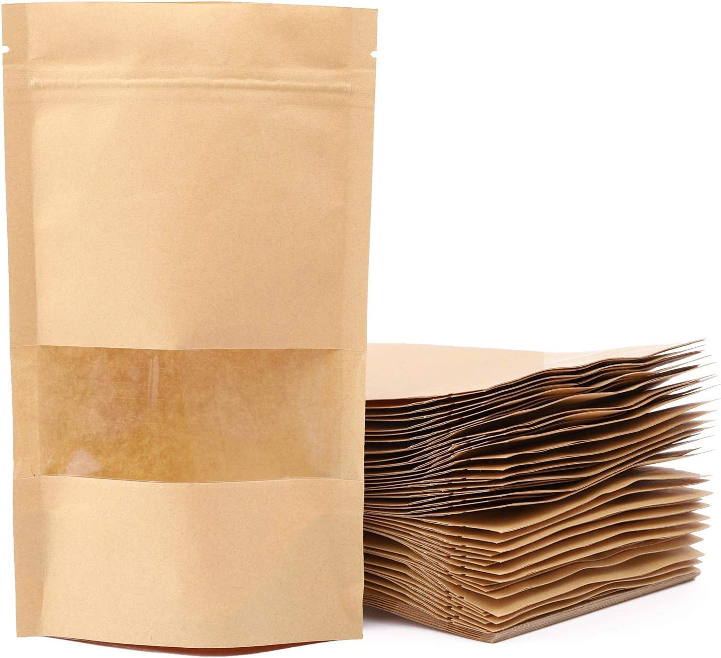 100 Pcs 12X20Cm Kraft Paper Treat Bags with Window, Ziplock Stand up Pouches for Packing Food Cookies Snacks