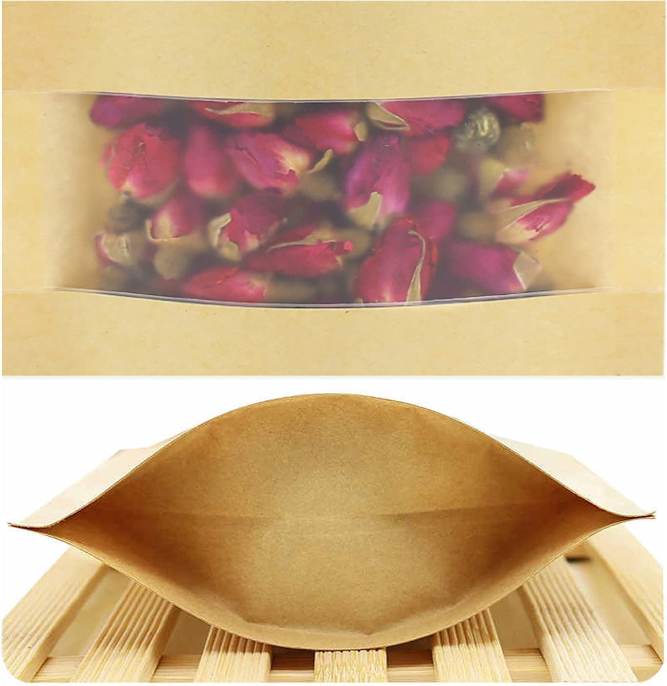 100 Pcs 12X20Cm Kraft Paper Treat Bags with Window, Ziplock Stand up Pouches for Packing Food Cookies Snacks