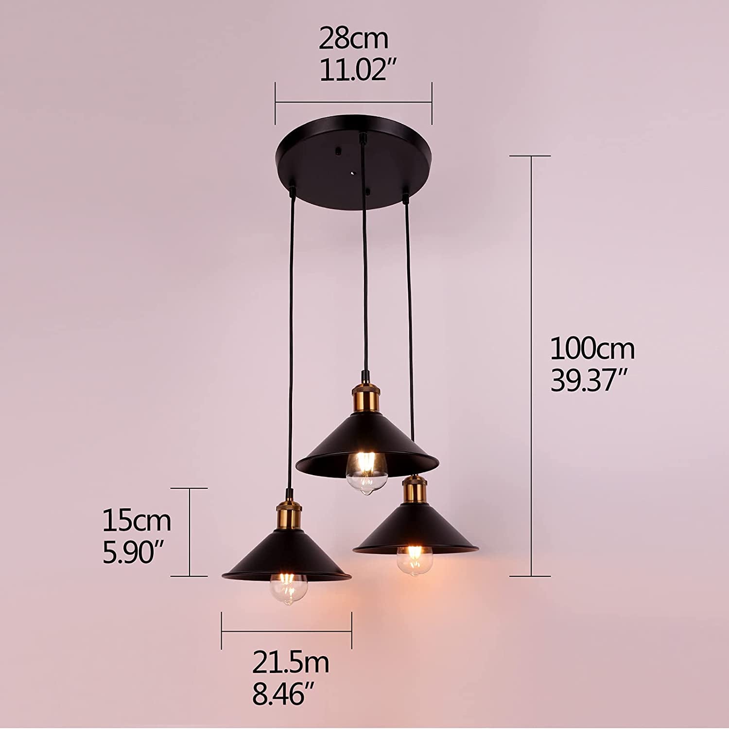 3-Light Black Pendant Lighting,Adjustable Linear Hanging Industry Loft Retro Metal Lights,E27,For Kitchen Island Living Room Dining Room