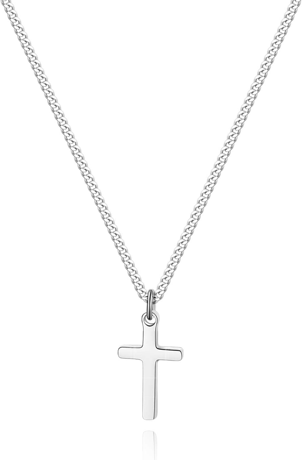 Cross Necklace for Boy Silver Stainless Steel Small Cross Pendant with Cuban Chain Necklace Simple Faith Jewelry for Kids Men Women Girls 16-24 Inches