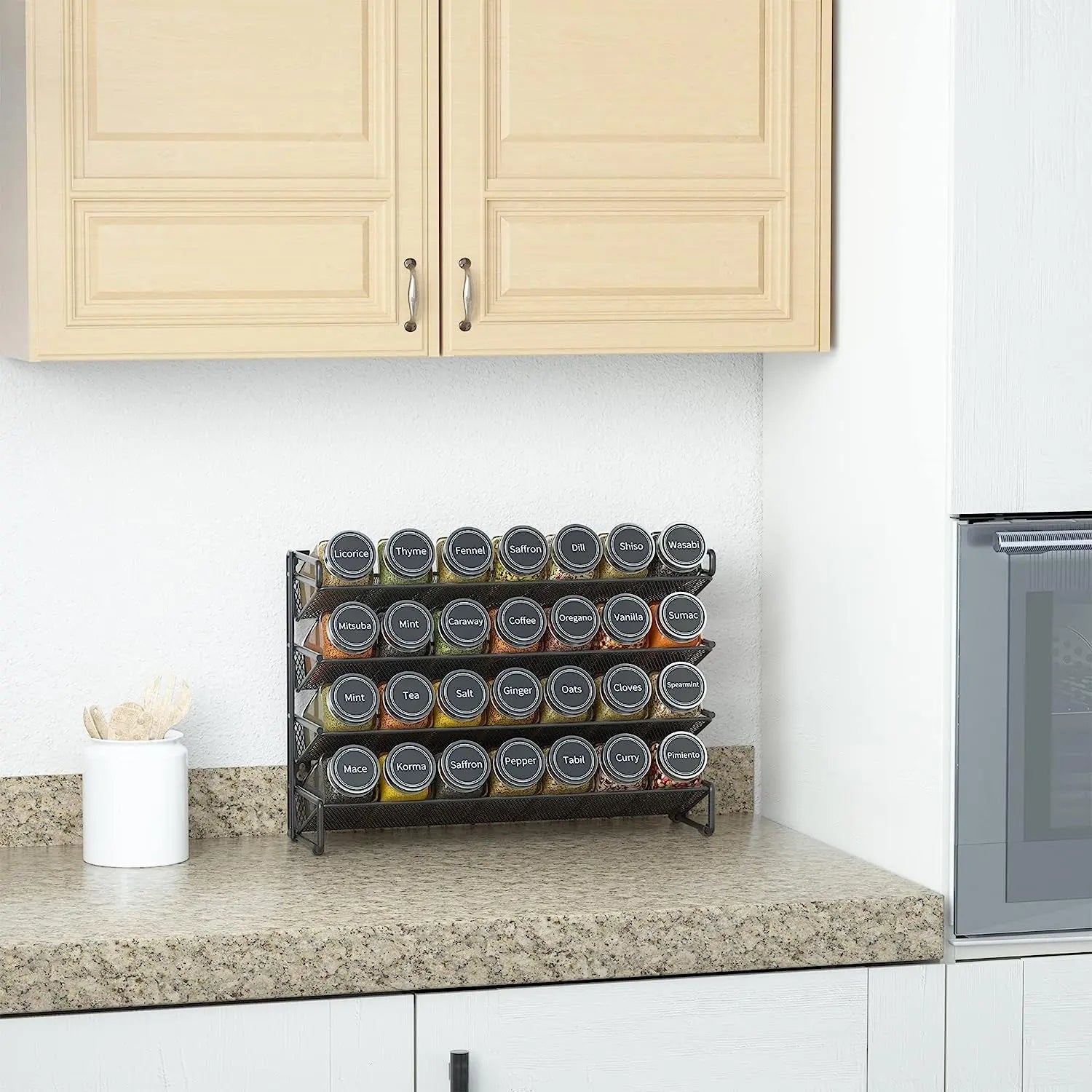 Spice Rack with 28 Spice Jars, Spice Rack Organizer for Cabinet, Spice Jars with Labels, 432 Spice Labels, 4 Tier Seasoning Organizer for Countertop, Cabinet, Kitchen, Pantry, Cupboard
