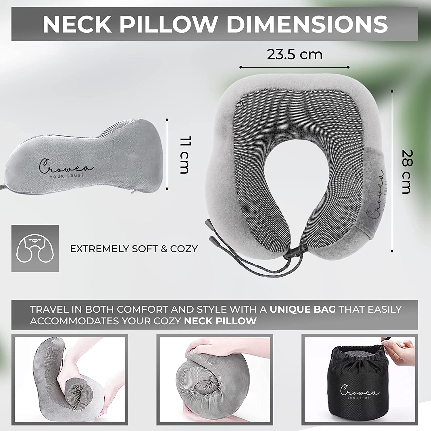 Travel Pillow - 100% Pure Memory Foam Neck Pillow with 360 Degree Comfortable & Breathable Head Support, Includes Luxury Bag, Sleep Mask & Earplugs for Airplane, Car, Train and Bus (Light Grey)