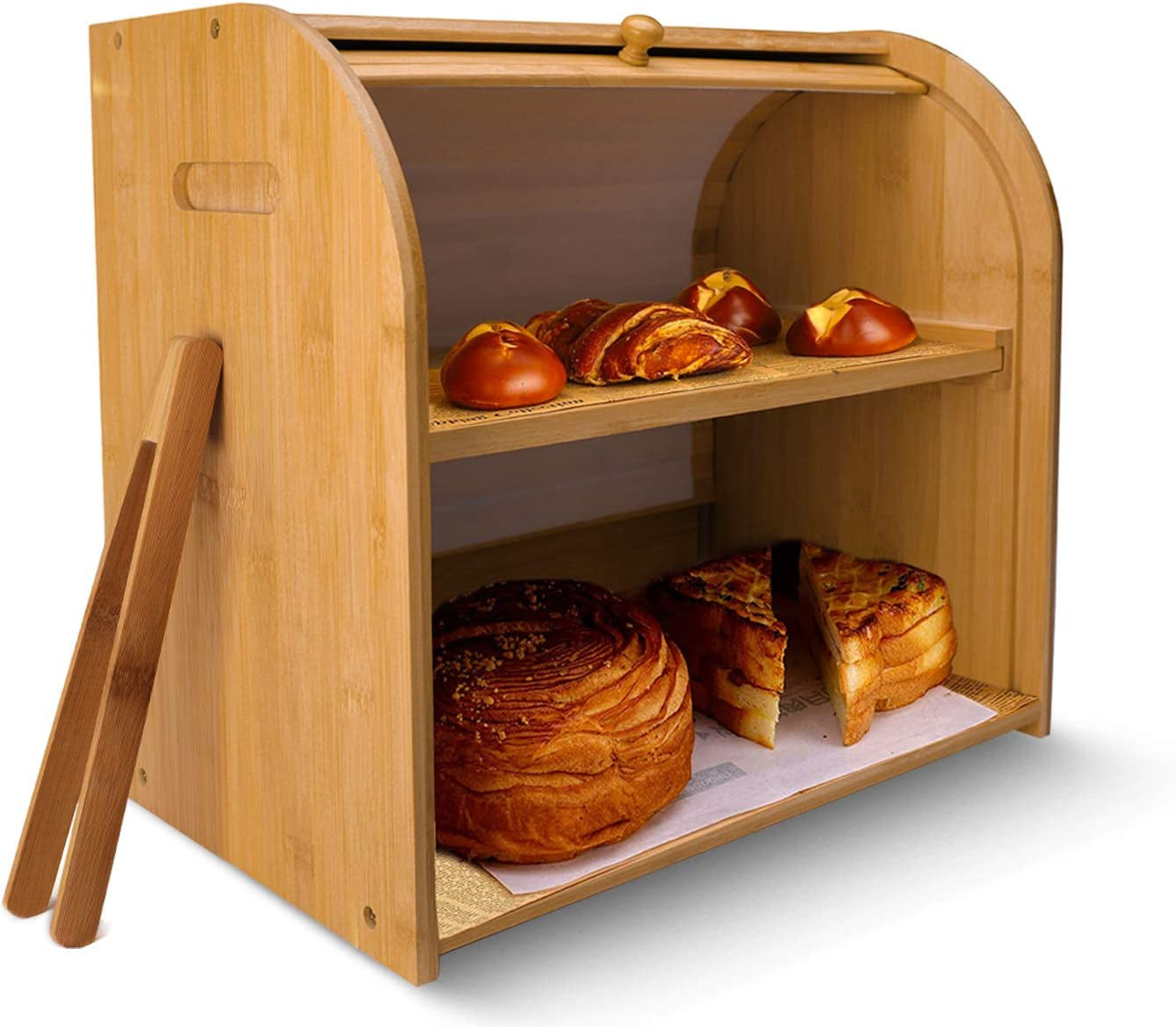 Bamboo Bread Box for Kitchen Countertop Extra Large 2 Layer Bread Box Set Homemade Bread Storage Box Bread Bin Roll Top Bread Box