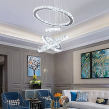 Load image into Gallery viewer, LED Modern Crystal Chandeliers 3 Colors Dimmable Remote K9 Crystal Flush Mount Ceiling Light Fixture 4 Rings Pendant Light Fixture for Bedroom Living Room Dining Room Kitchen Entryway
