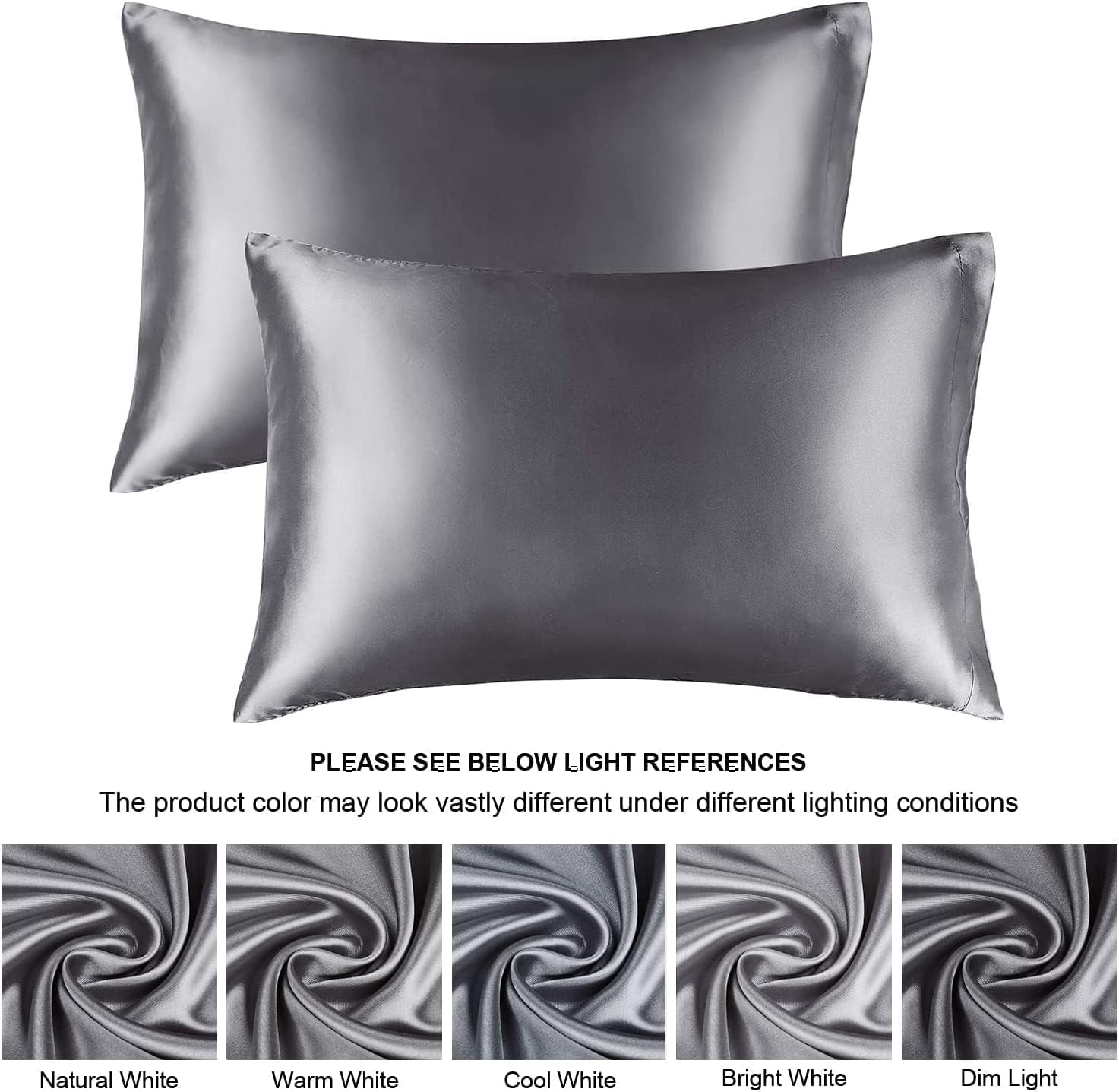 Mulberry Satin Silk Pillowcase for Hair and Skin - Soft Breathable Smooth Both Sided Silk Pillow Cover Pair - Standard Size 50X75Cm, Gray