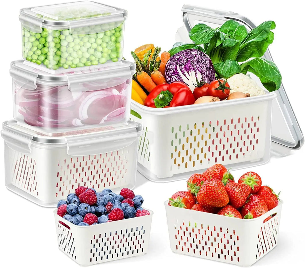 Food Storage Containers with Lids Set of 4,Fridge Organiser Bins,Fridge Storage with Colander,Reusable Food Containers for Fruit & Vegetable Storage,Kitchen Storage & Organisation