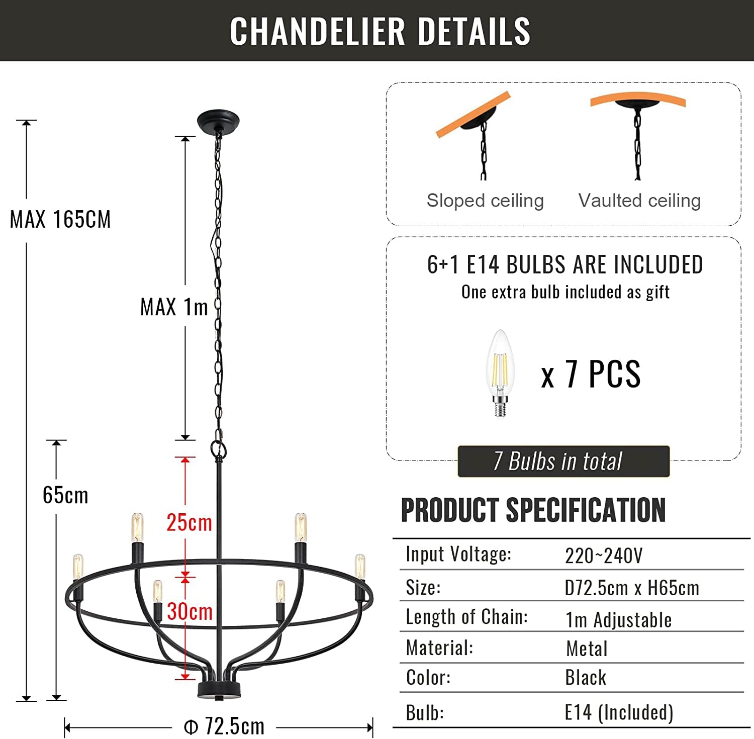 6-Light Black Chandelier Vintage Candle Farmhouse Iron Pendant Ceiling Light Fixture Wagon Wheel Chandelier over Table for Dining Room Living Room Kitchen D72.5Cmxh65Cm E14 Bulbs Included