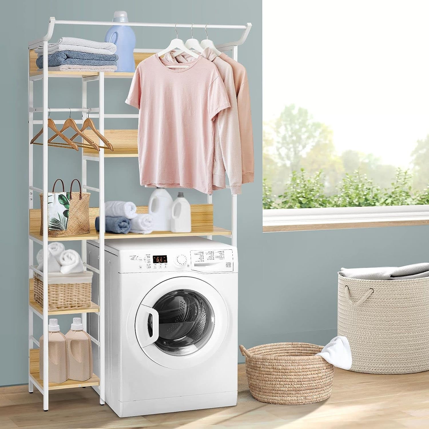 5 Tier over Toilet Shelf Bathroom Rack Organiser Laundry Shelves Storage Freestanding White & Wood