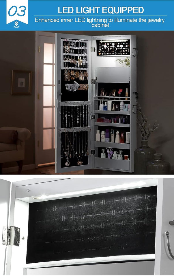 Dual Use Wall Mounted Hang over Mirror Jewellery Cabinet LED Light White