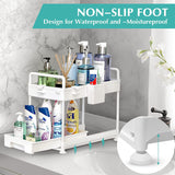 under Sink Organizers and Storage, Kitchen Storage Rack 2 Tier Drawer Pull-Able Cabinet Basket Organizer Bathroom Storage Rack with Hooks, DIY Removable Dividers (White)