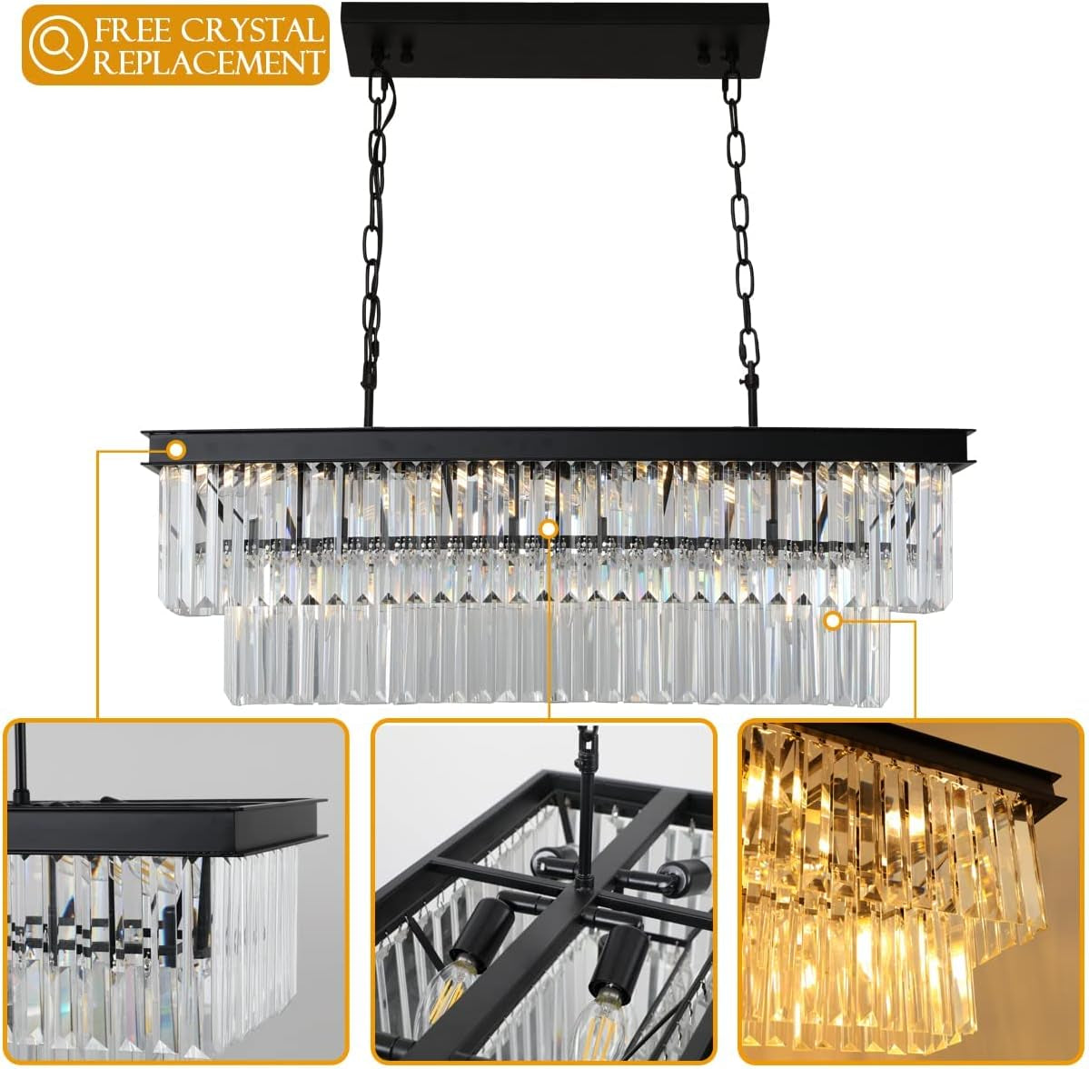 Modern Crystal Chandelier 8 Lights Black Ceiling Light L86Xw35Cm Luxury Crystal Pendant Lights Fixture 3 Colors Island Light Linear Chandeliers for Dining Room Living Room Kitchen Bulbs Included