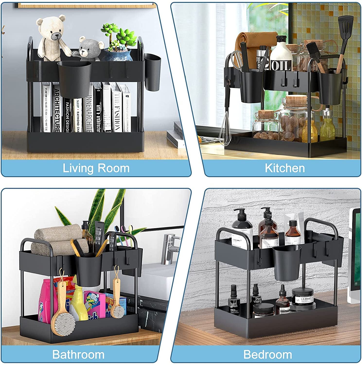 under Sink Organizer, 2 Tier Kitchen under Sink Storage Rack Bathroom Countertop Shelf Organiser with 4 Hooks 2 Hanging Cups and Anti-Foot for Bathroom Kitchen Spice Makeup Vanity Narrow Space