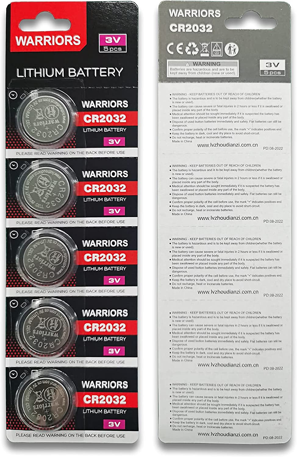 Warriors 2032 CR2032 Coin Button Cell 3V 3 Volt Lithium Batteries 5X Retail Pack Compliant with Coin Battery Safety Standards 2020
