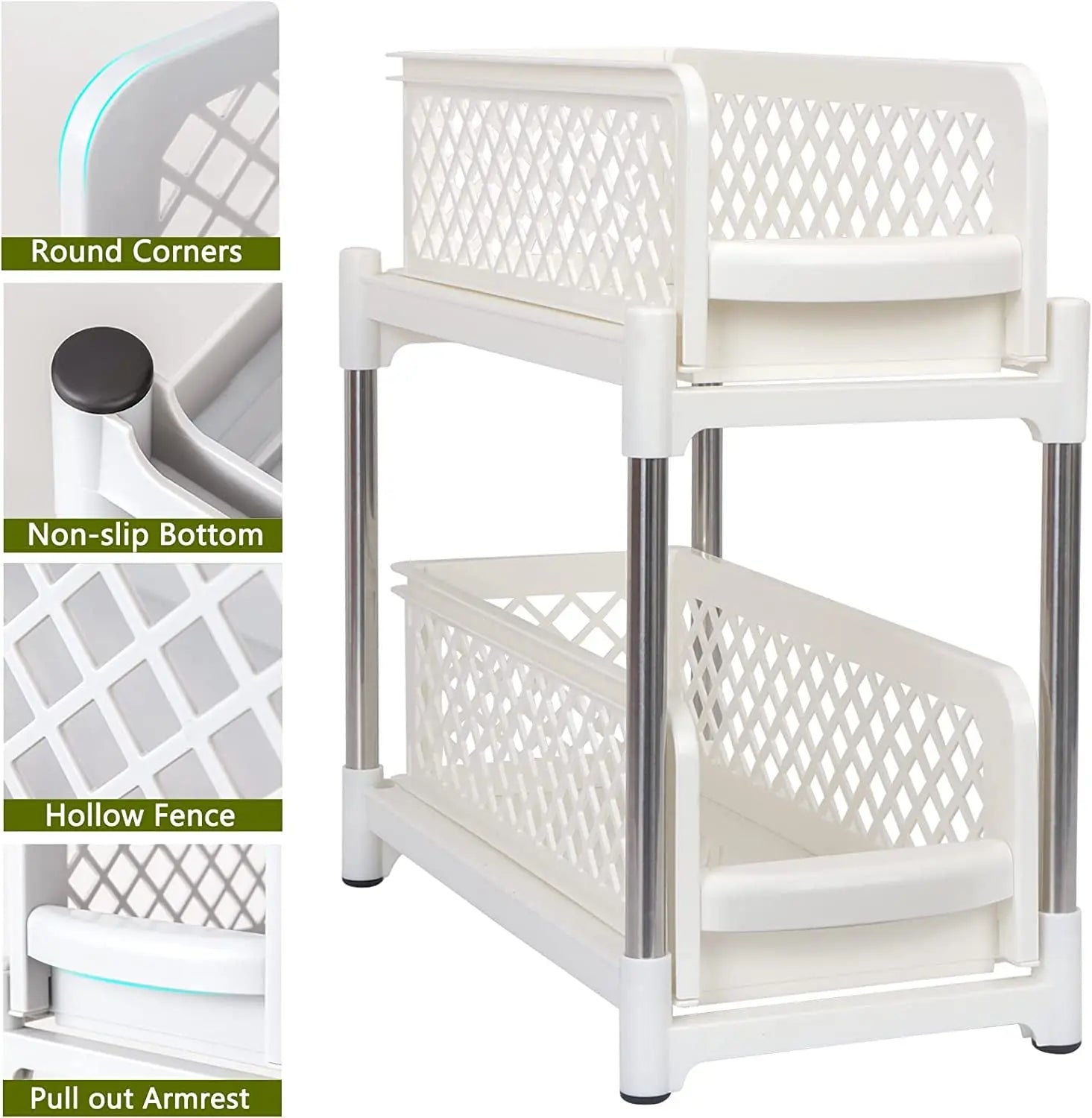 2 Tier Spice Rack Organizer with Sliding Drawer Organizer, under Sink Organizers and Storage Rack Pull Out Cabinet Basket Organizer for Bathroom Kitchen Bedroom, Beige