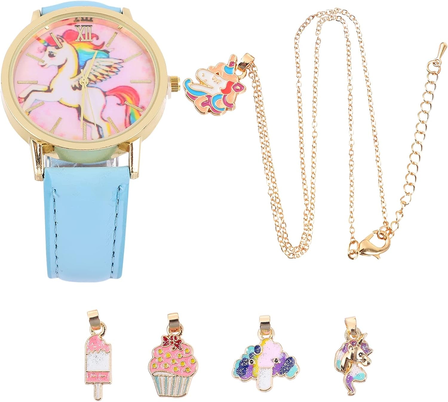 1Set6Pcs Cartoon Children Gift Kids Toddler of D Child- Girl and Year- Wrist for Baby Pendant Watch, Bracelet Girls Holiday Watches- Blue Necklace Unicorn Assorted