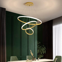 Load image into Gallery viewer, LED Modern Chandeliers Adjustable 3 Colors Dimmable Ceiling Lighting Fixture 3 White Rings Hanging Led Modern Pendant Light for Bedroom Living Dining Room Kitchen Foyer (Gold, 20+40+60Cm)
