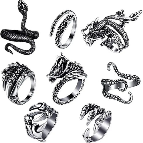 Unisex Vintage Punk Adjustable Rings 8 Pieces Octopus, Dragon, Snake pattanaustralia