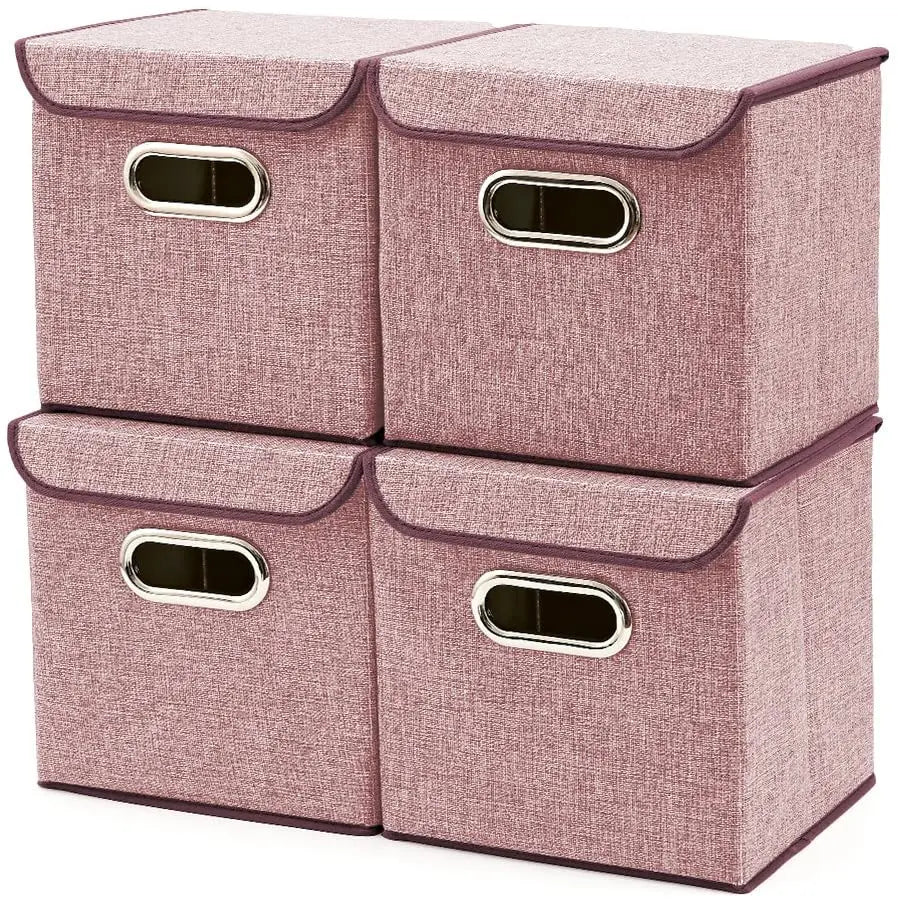 Storage Bins [4-Pack] EZOWare Linen Fabric Foldable Basket Cubes Organizer Boxes Containers Drawers with Lid for Office Nursery Bedroom Shelf pattanaustralia