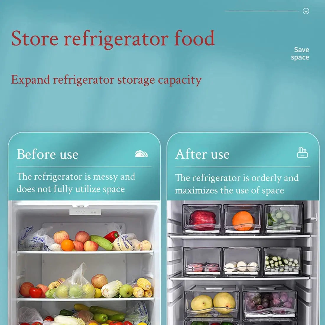 2 Pack Clear Stackable Fridge Drawers,Pull Out Fridge Organiser Bins with Lids、Drain Tray and Drawer,Large Food Container Storage Box for Fruit & Vegetable Storage