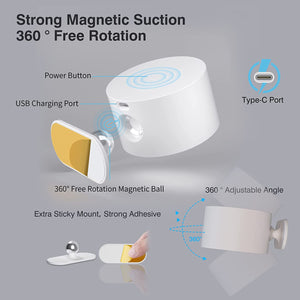 LED Wall Sconce, Wall Mounted Lamp with Rechargeable Battery Operated USB Port 3 Color Temperature & 3 Brightness Level 360°Rotate Magnetic Ball, Cordless Wall Light for Reading Bedside-White