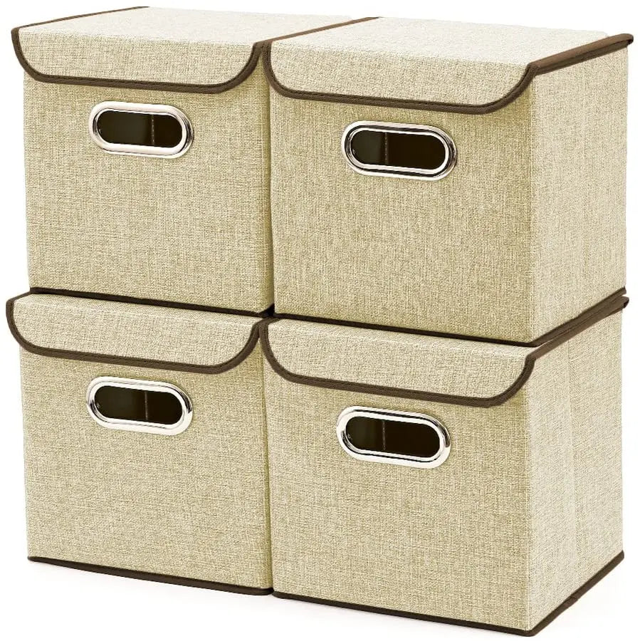 Storage Bins [4-Pack] EZOWare Linen Fabric Foldable Basket Cubes Organizer Boxes Containers Drawers with Lid for Office Nursery Bedroom Shelf pattanaustralia