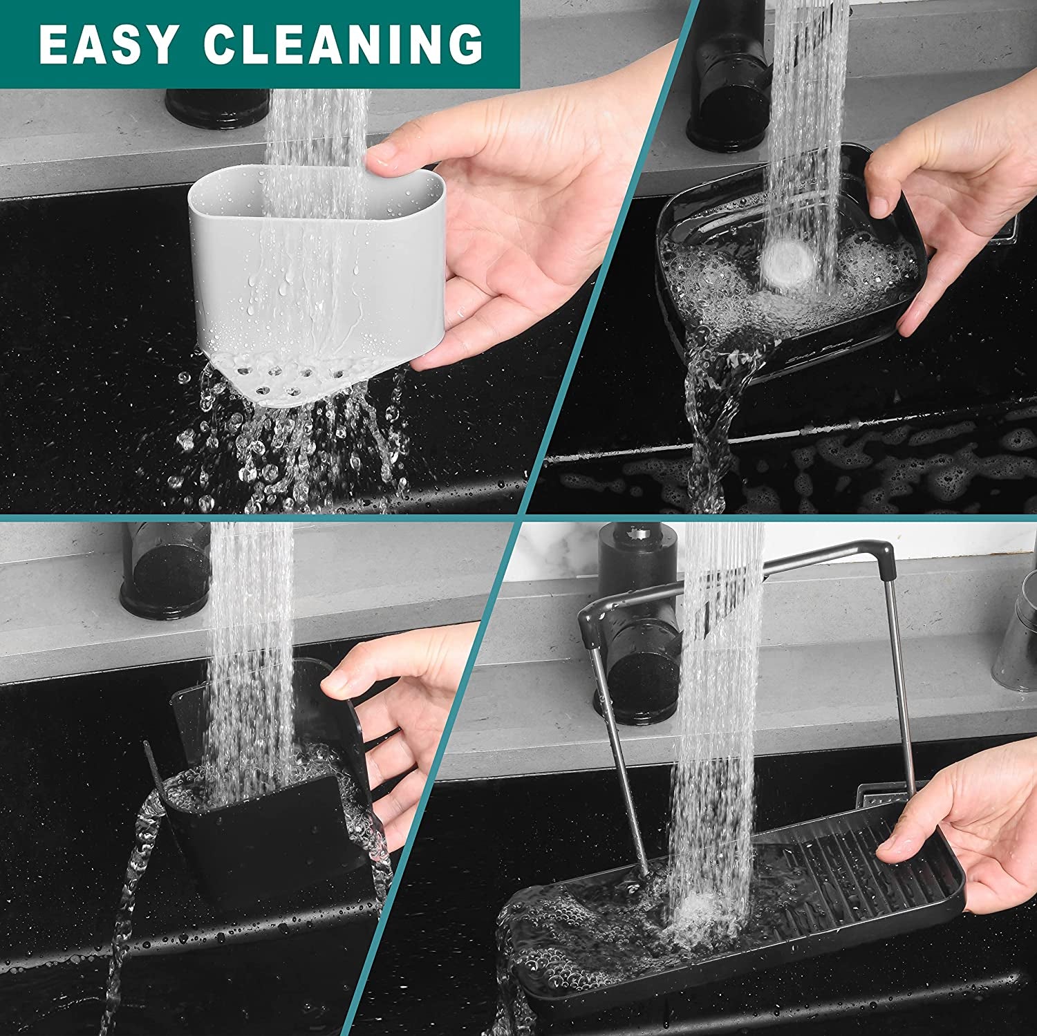 Kitchen Sink Organiser Caddy Set with Soap Pump Dispenser, Sponge Holder, Rack & Dish Brush Holder, Kitchen Storage Organizer Gadgets