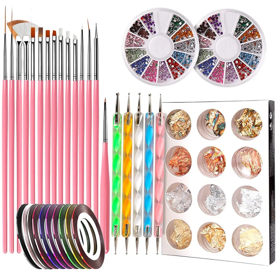 Nail Art Tool with 15pcs Nail Painting Brushes, Nail Dotting Tool, Nail Foil, Manicure Tape, Color Rhinestones pattanaustralia