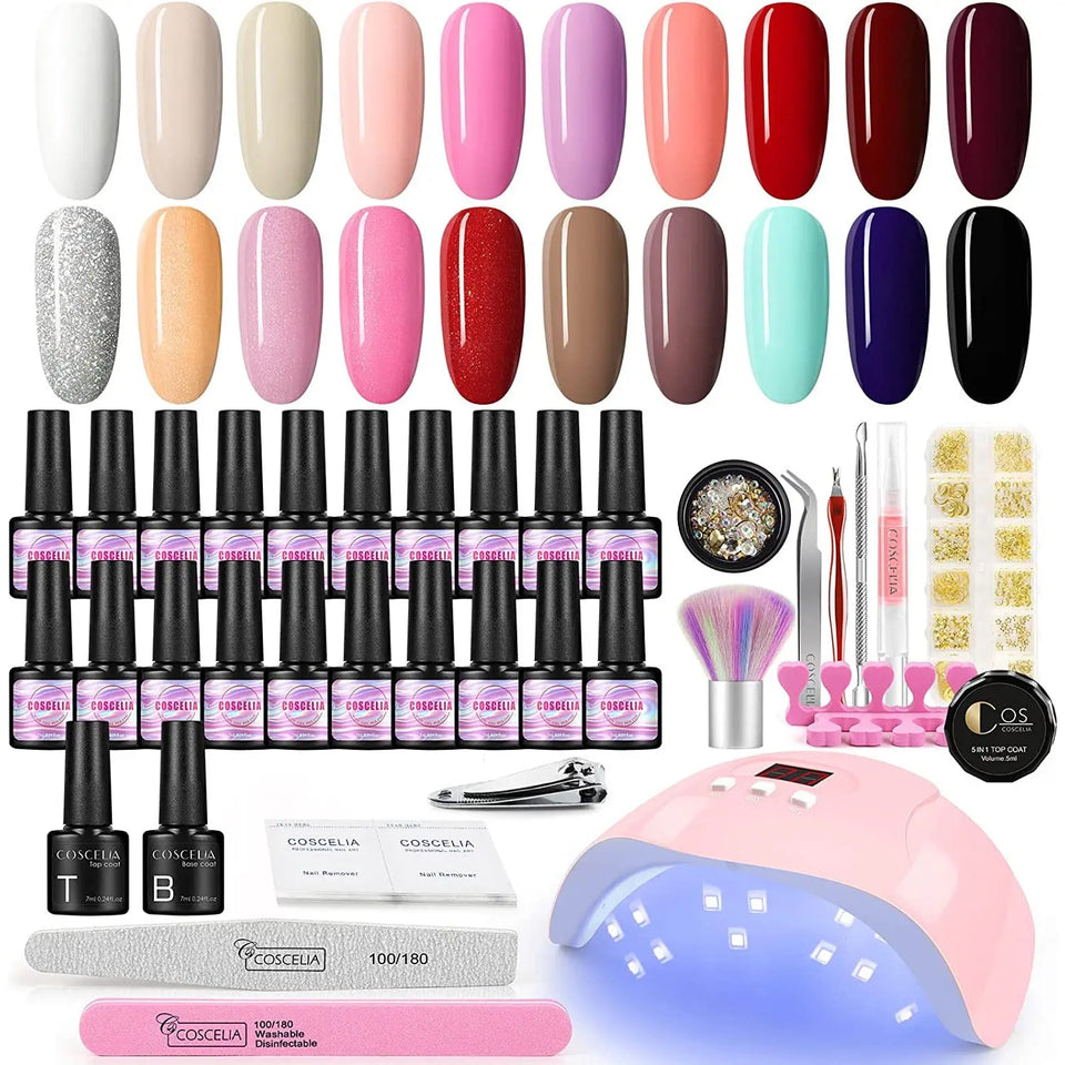COSCELIA 20 Pcs Gel Nail Polish Kit,36W LED+UV Nail Dryer,White Nude Pink Red Black Gel Nail Polish Base and Top Coat,Nail Art Decoration Manicure Tools for Nail Salon Home DIY Pattan Australia