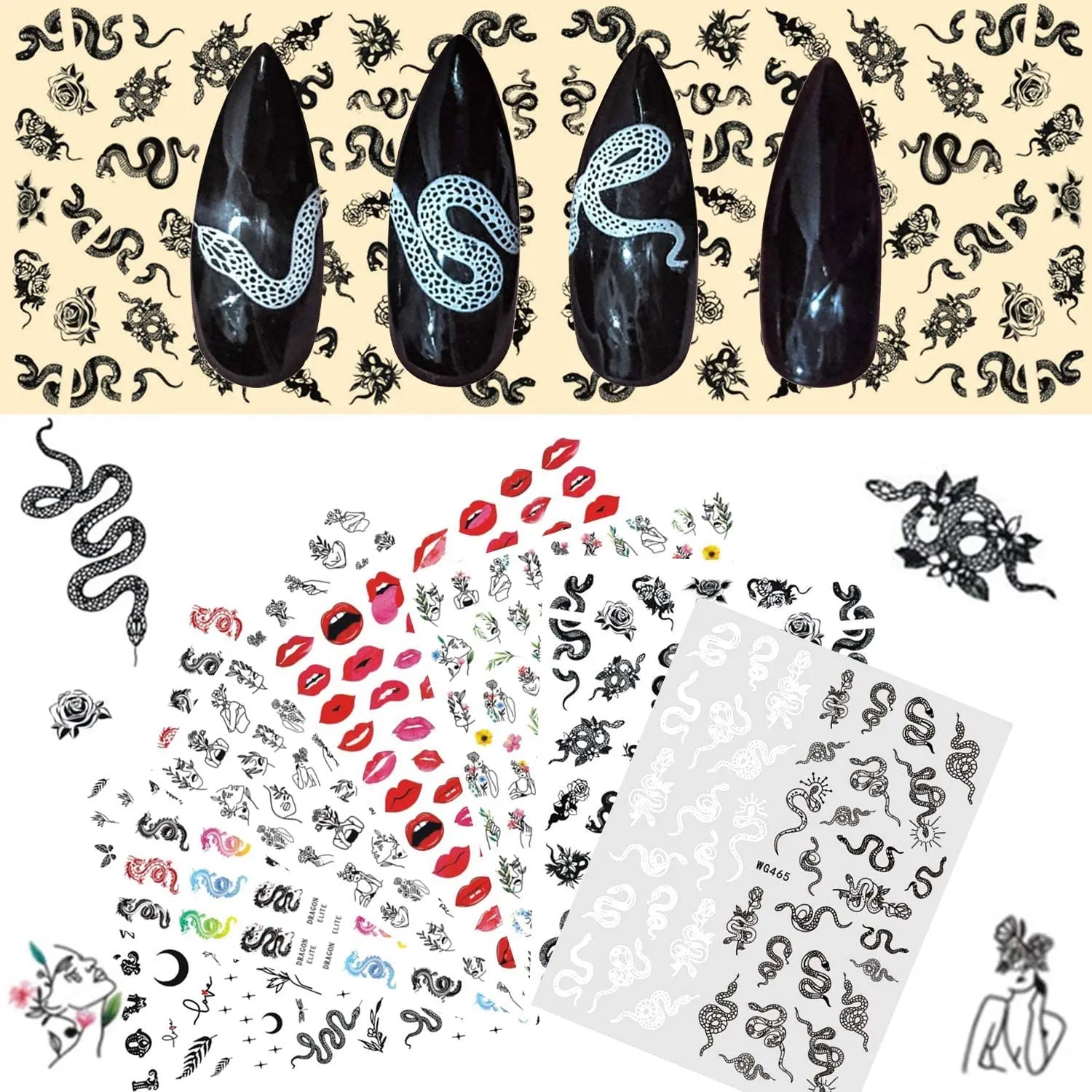 self-Adhesive Nail Art Stickers with Dragon, Snake, Butterfly, Rose, Patterns pattanaustralia