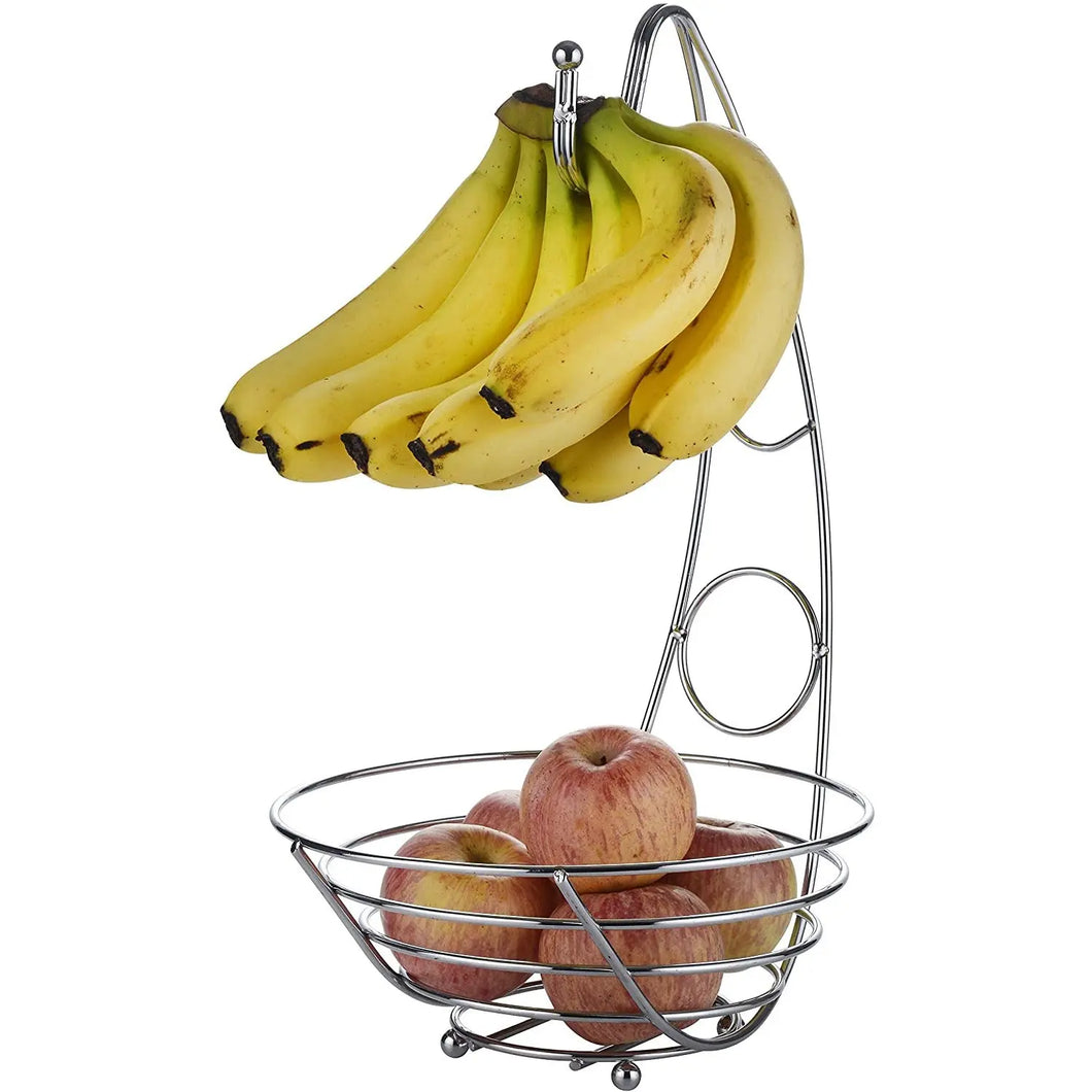 Fruit Bowl with Banana Hook, Silvery Chrome Finish, 43 cm Tall