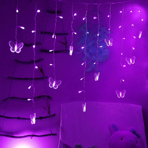 Decorman Curtain Lights 48 LED USB Powered 8 Modes Waterproof Window Curtain String Lights with 10 Butterflies Twinkle Lights for Christmas(Purple) pattanaustralia