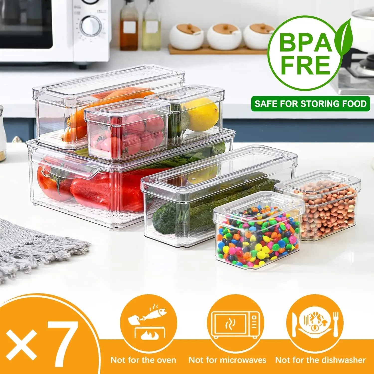 Fridge Food Storage Containers with Lid - 7Pc Stackable Produce Saver with Removable Drain Tray for Vegetable Fruit, Plastic Clear Refrigerator Organizer Bins for Kitchen Cabinet Pantry Organization