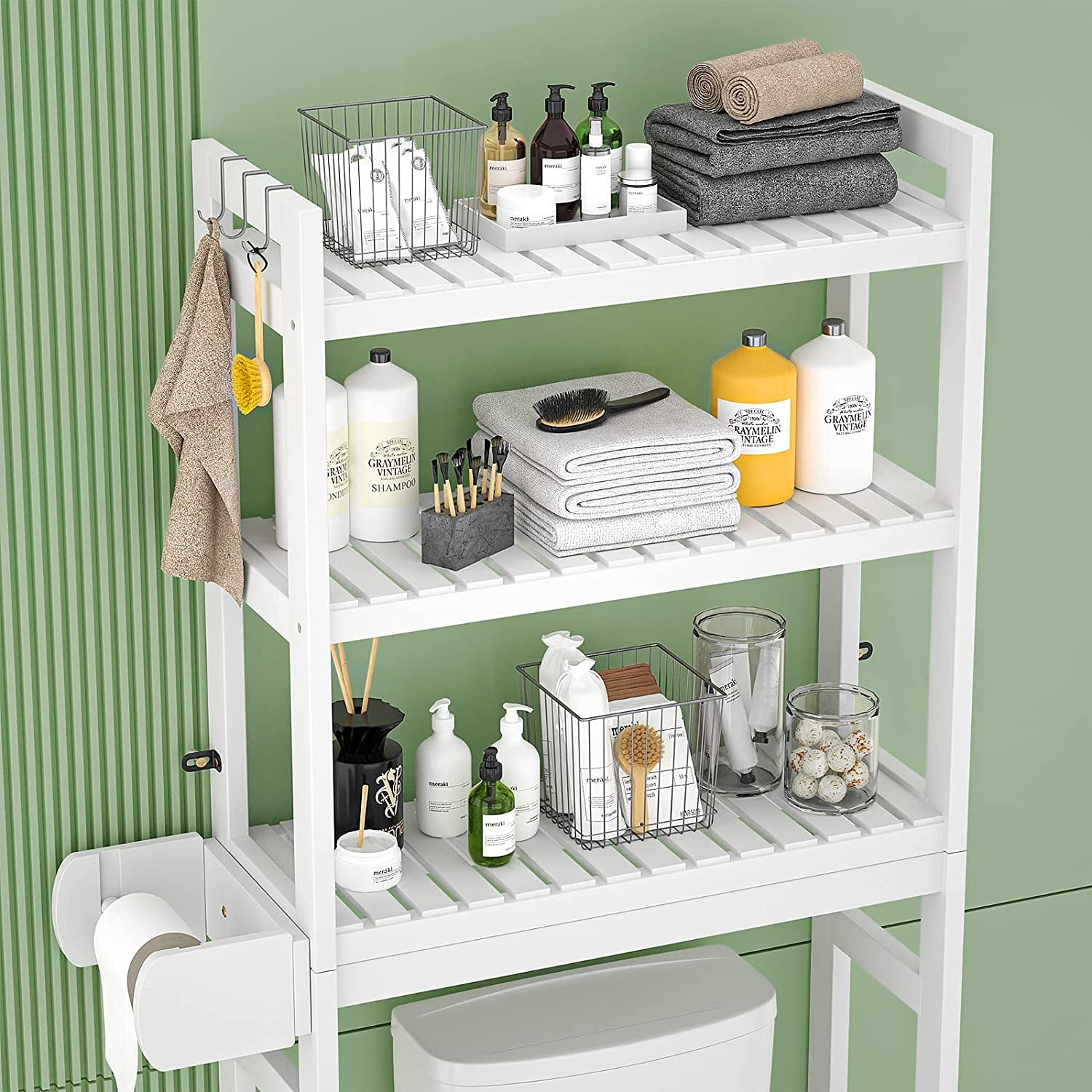 over the Toilet Storage, 3-Tier Bamboo above Toilet Shelf with Toilet Paper Holder, Bathroom Free Standing Space-Saving Rack Organizer with 3 Hooks for Restroom, Laundry, White
