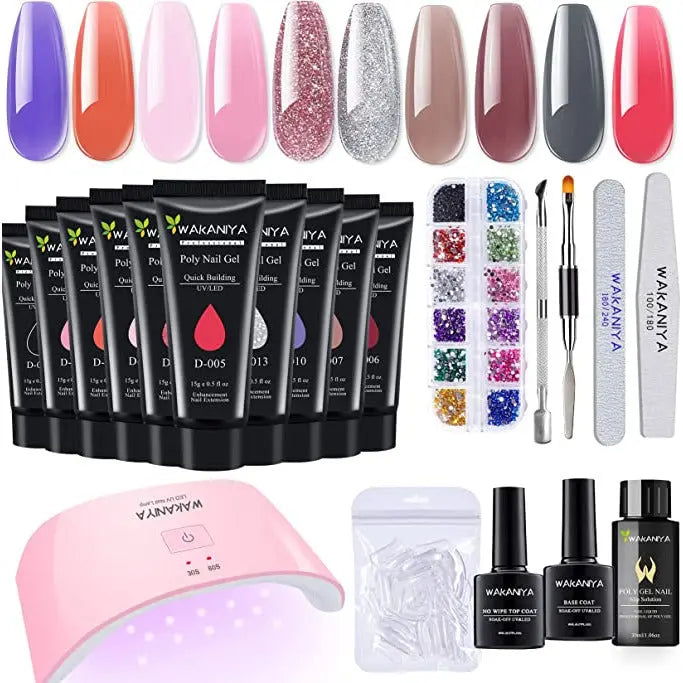 Poly Gel Nail Kit with Lamp, Pink Nude Glitter Colours Poly Nail Extension Gel Kit, Easy Quick Builder Gel with Rhinestone, Dual Forms, Complete Polygel Kit