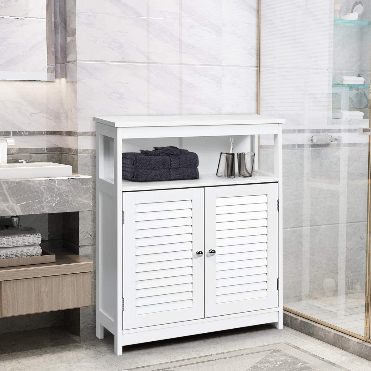 Bathroom Floor Cabinet, Wooden Storage Cabinet with Double Shutter Door & Adjustable Shelf, Freestanding Toilet Organiser, Side Table for Bathroom Living Room Bedroom, Laundry Cupboard, White/Grey (White)