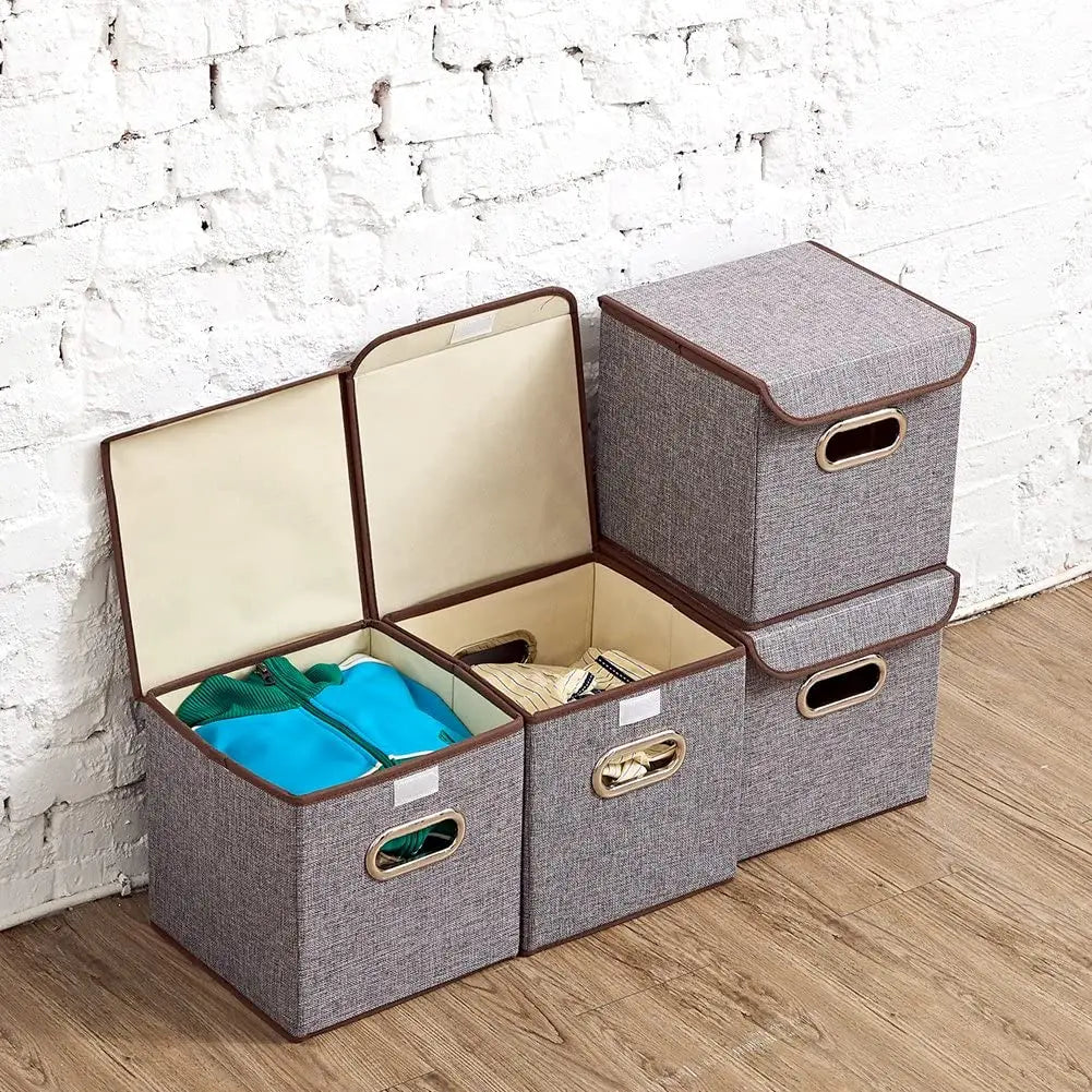 Storage Bins [4-Pack] EZOWare Linen Fabric Foldable Basket Cubes Organizer Boxes Containers Drawers with Lid for Office Nursery Bedroom Shelf pattanaustralia