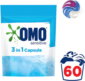 Sensitive 3 in 1 Laundry Detergent Liquid Capsules 60 Washes, 1.26Kg, Fragrance Free
