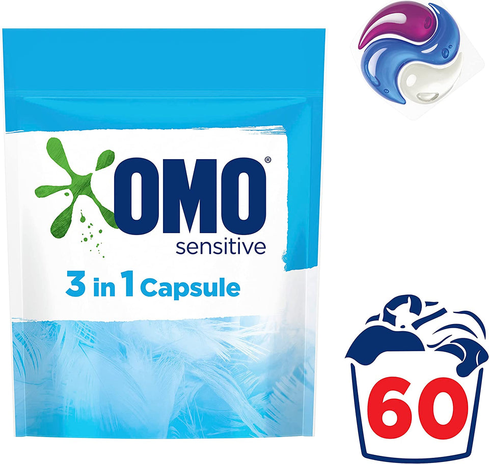 Sensitive 3 in 1 Laundry Detergent Liquid Capsules 60 Washes, 1.26Kg, Fragrance Free