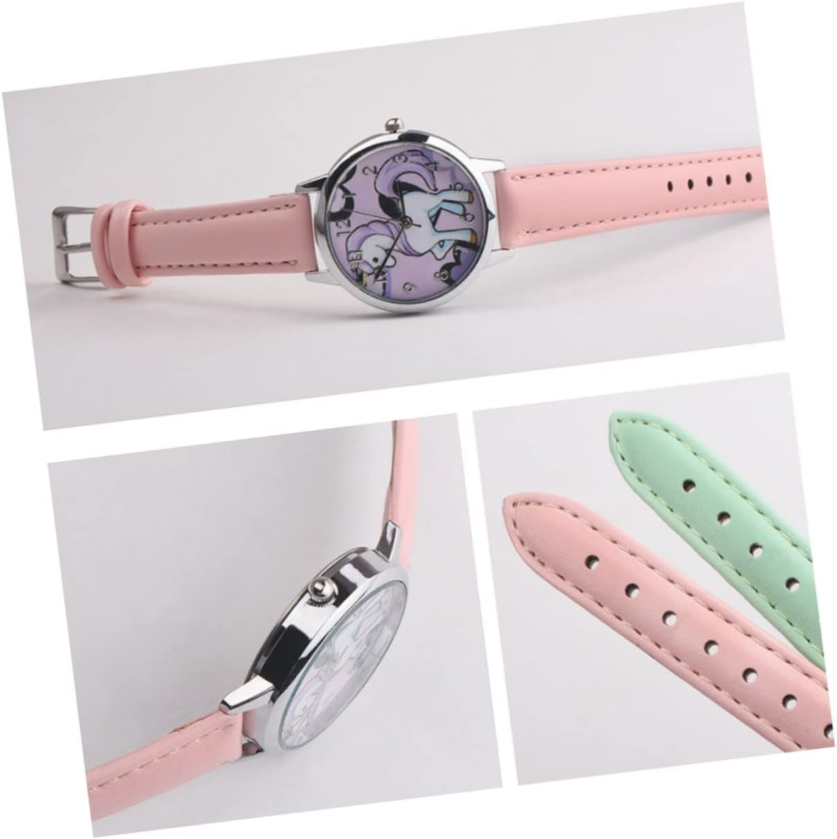 2Pcs Fashion Leather Gift Birthday Pink for Bands Kids with Device Time Unicorn Pattern Wrist Cartoon Watch Children