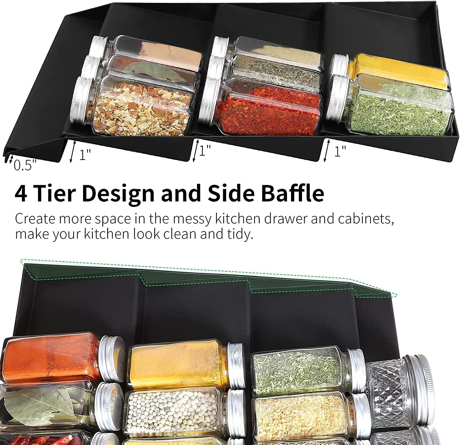 Spice Rack, Spice Drawer Organizer for Kitchen Drawer Cabinets- Adjustable 4 Slanted Tier Spice Storage Organizer Insert for Drawer Kitchen, Expands 12"To 23-1/4"W, 2 Pack Black