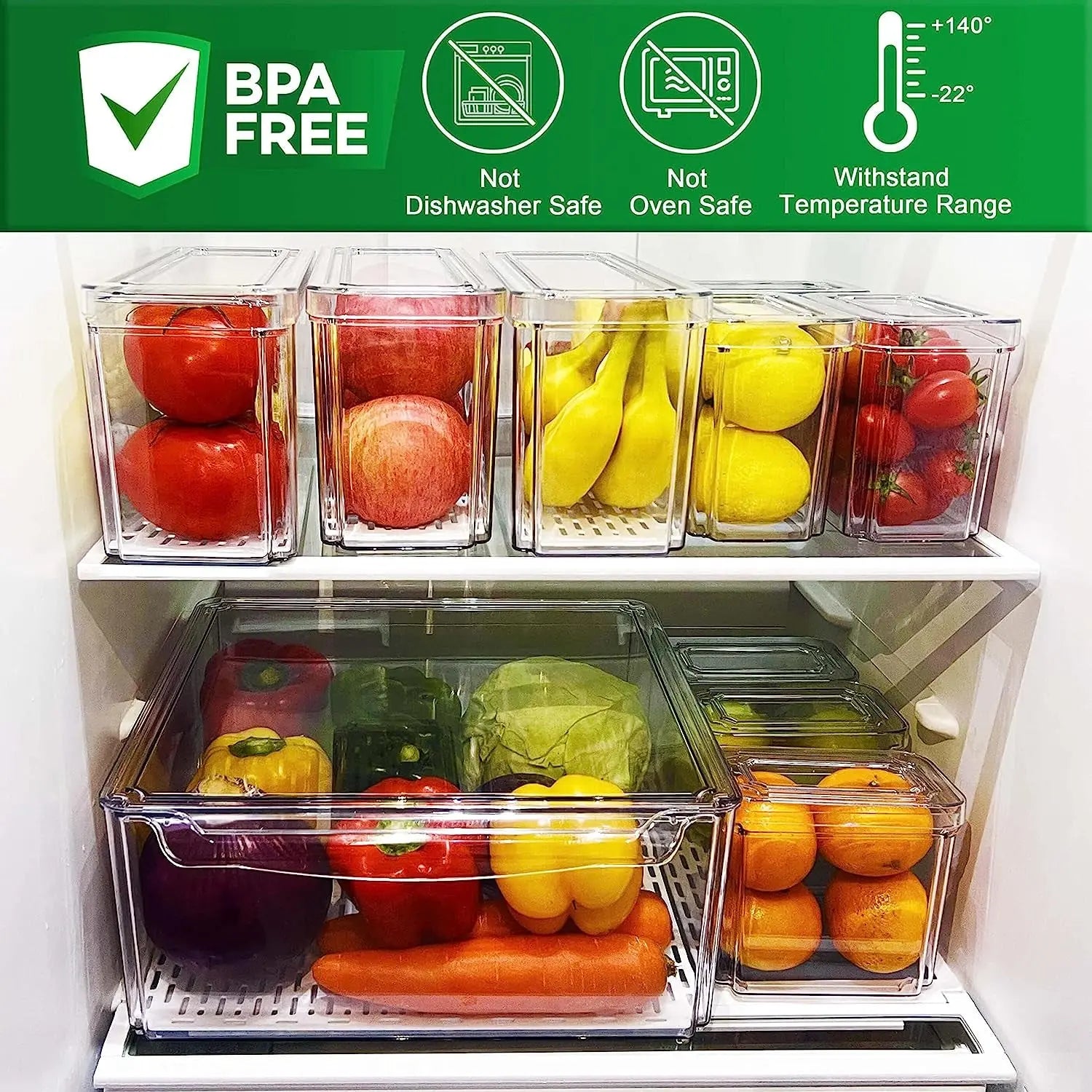 Clear Stackable Fridge Organiser Bins with Lids, Large Size Plastic Food Storage Containers for Fruit & Vegetable Storage, Kitchen Storage & Organisation (10 Pack-Tall)