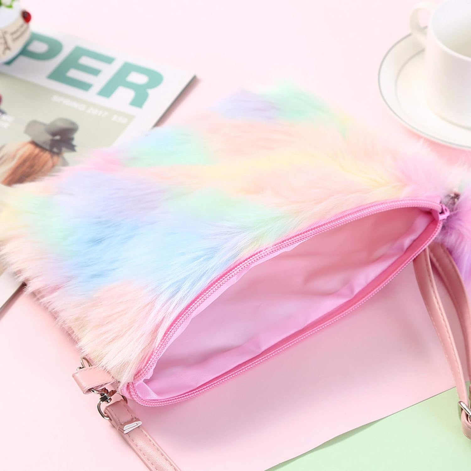 Kids Girls Fluffy Crossbody Purse Fuzzy Bag Plush Tie Dye Rainbow Shoulder Bag Handbag Wallet